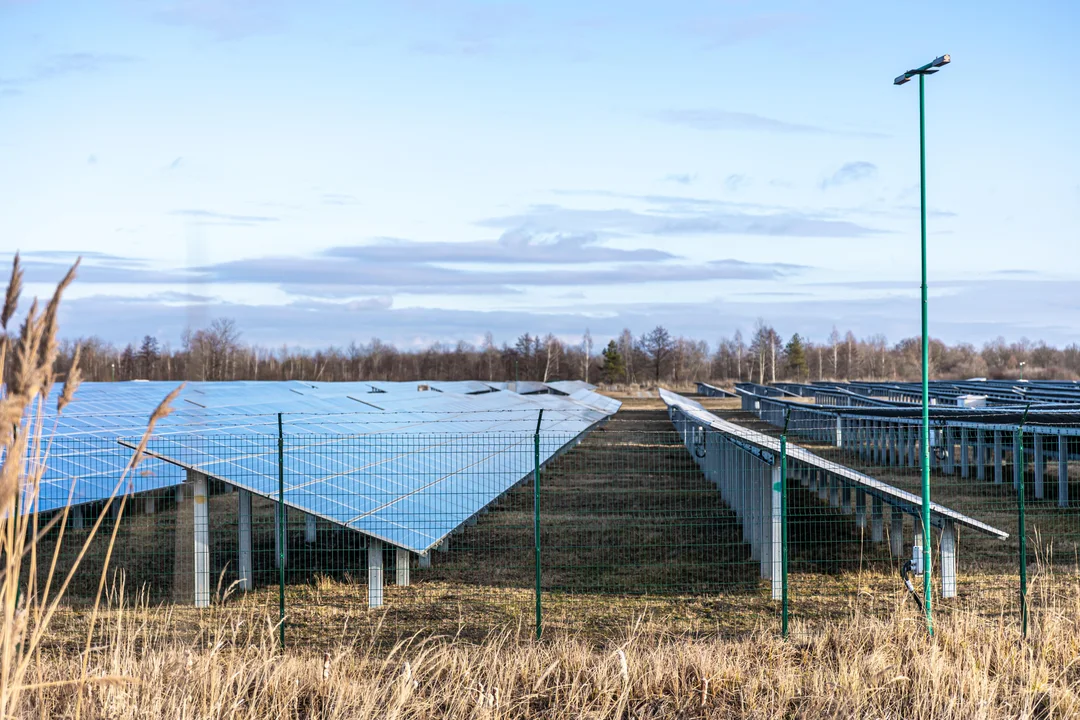 Solar panels and wind turbines on a horizon at sunset